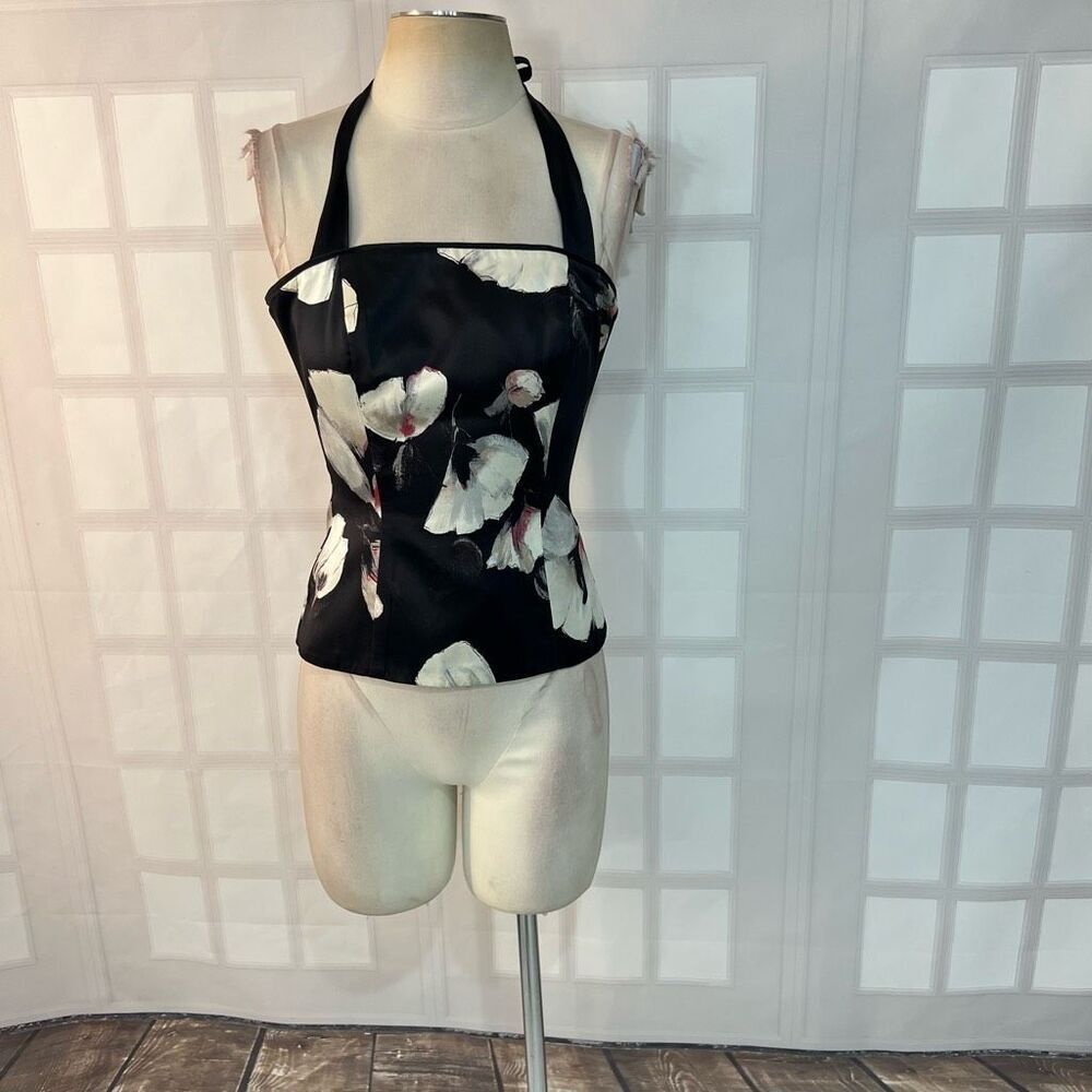 White House Black Market Black Floral Buster Silk Halter Blouse Size 0